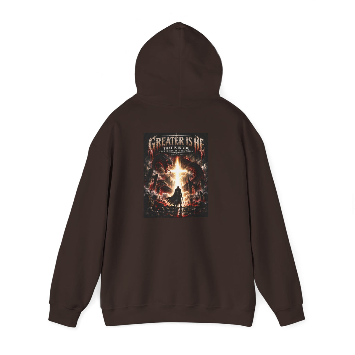 “Greater Is He” Holiday October Edition Christian Hoodie with Flame Cross Design