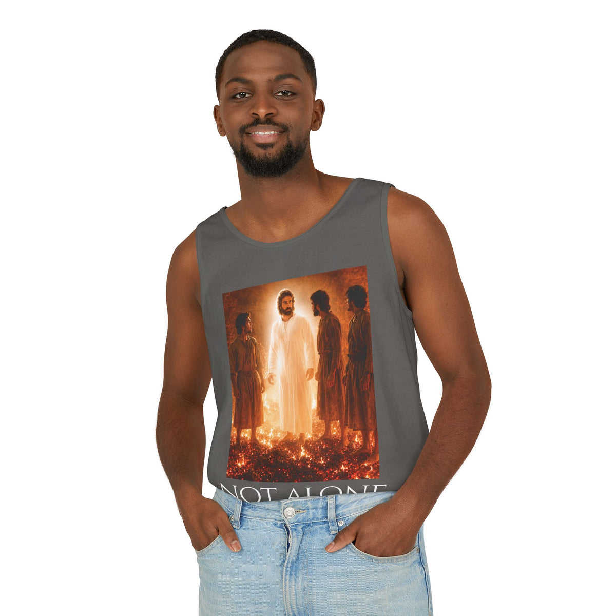 'Not Alone' Tank Top — Jesus with Four Men, Daniel 3:25 Scripture Tank