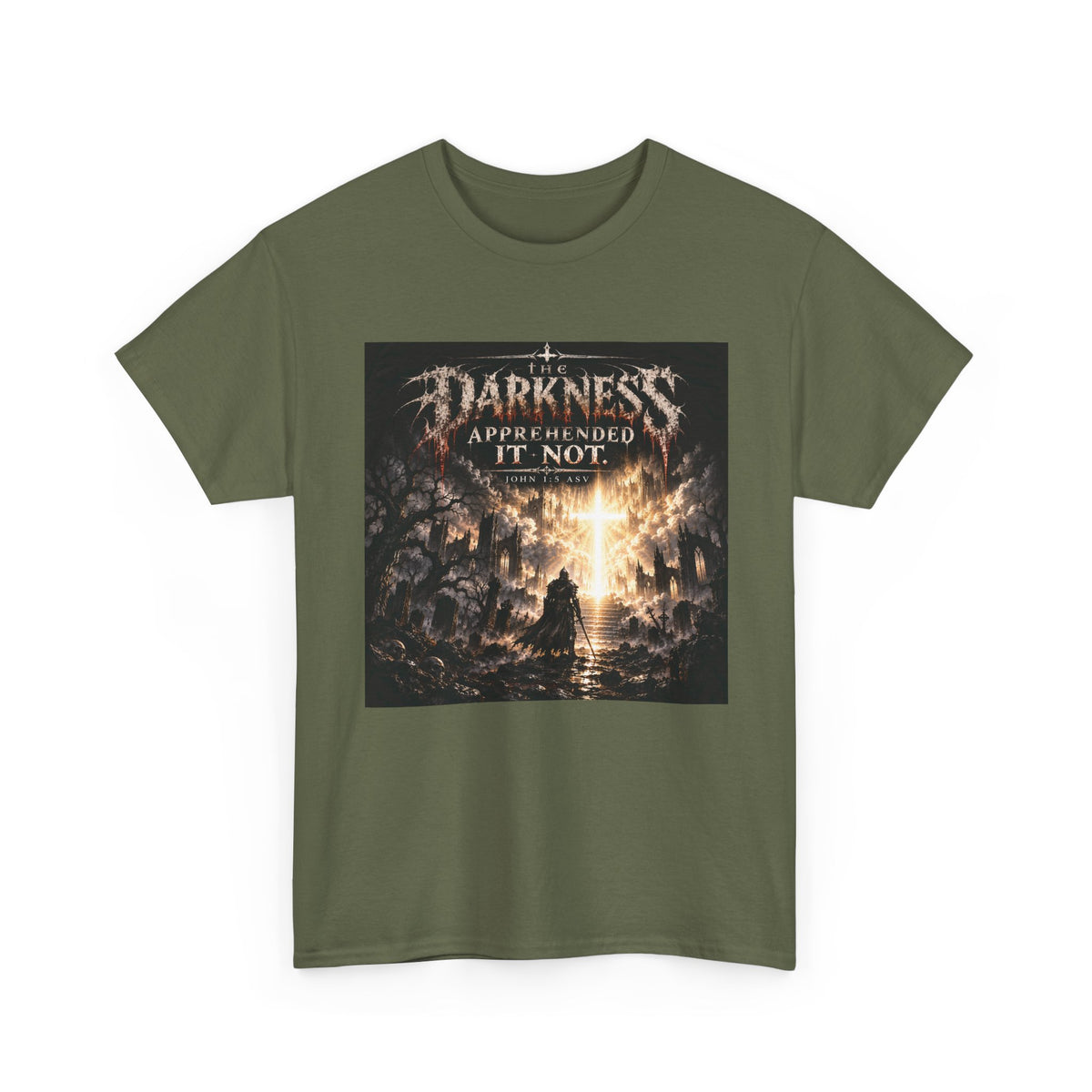 "Light Defeats Darkness" October Holliday Line edition T-Shirt — "Darkness Appeared He Need It Not" Graphic Tee (Ephesians 6:11)