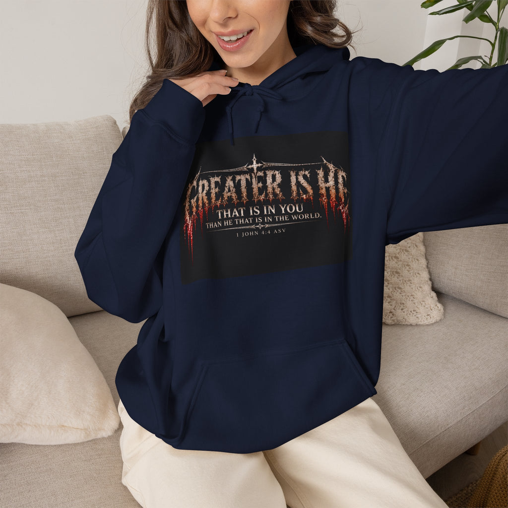 “Greater Is He” Holiday October Edition Christian Hoodie with Flame Cross Design