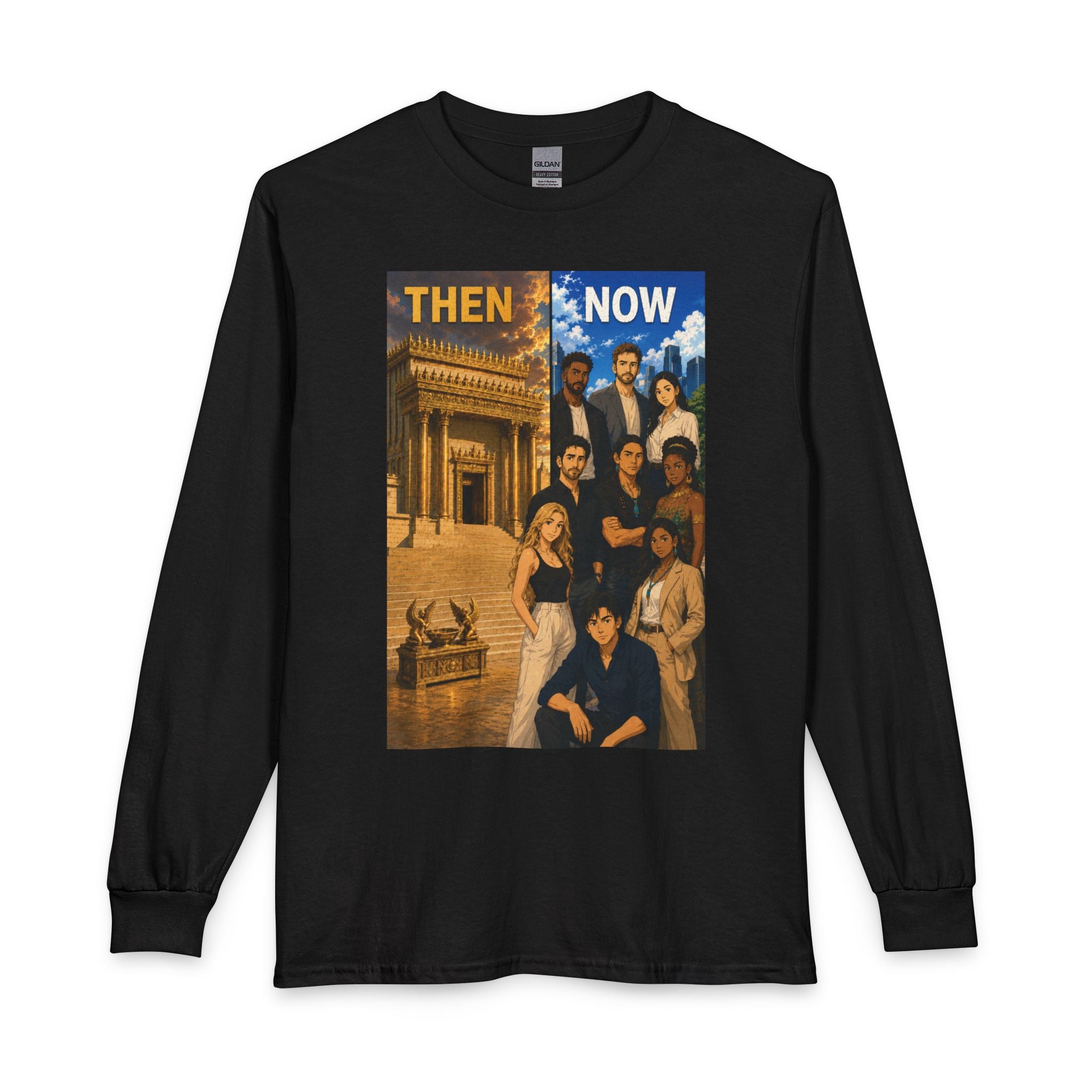 Animated Then & Now Long Sleeve Tee — 2 Corinthians 6:16 Scripture Shirt