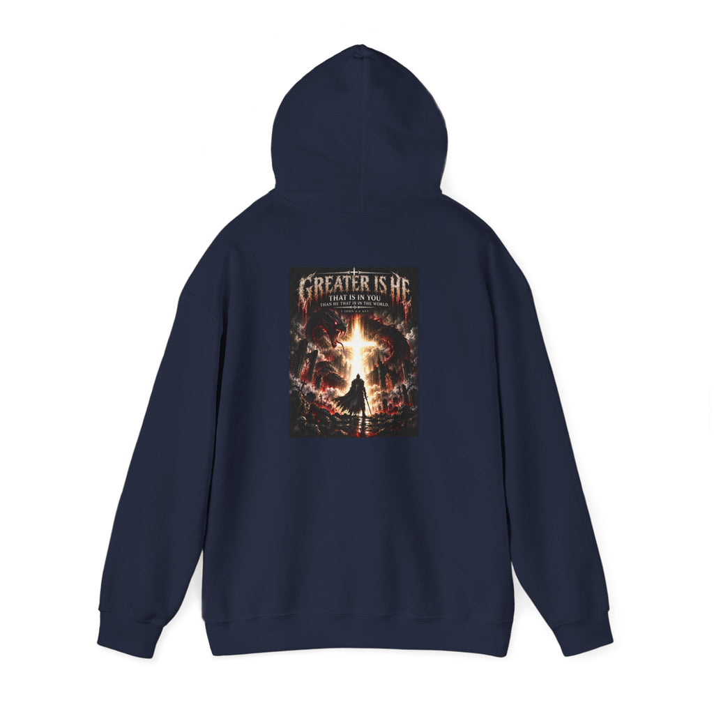 “Greater Is He” Holiday October Edition Christian Hoodie with Flame Cross Design