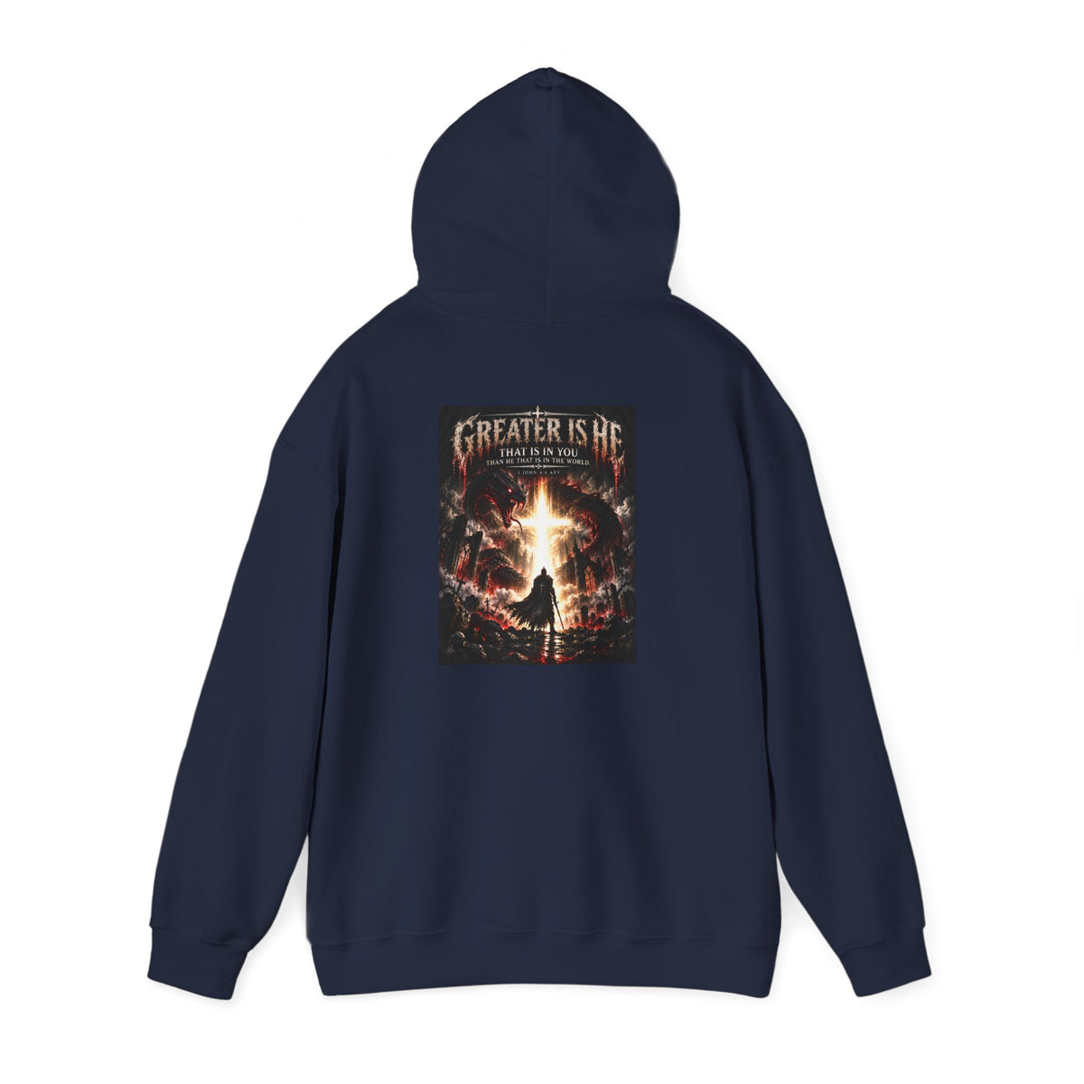 “Greater Is He” Holiday October Edition Christian Hoodie with Flame Cross Design