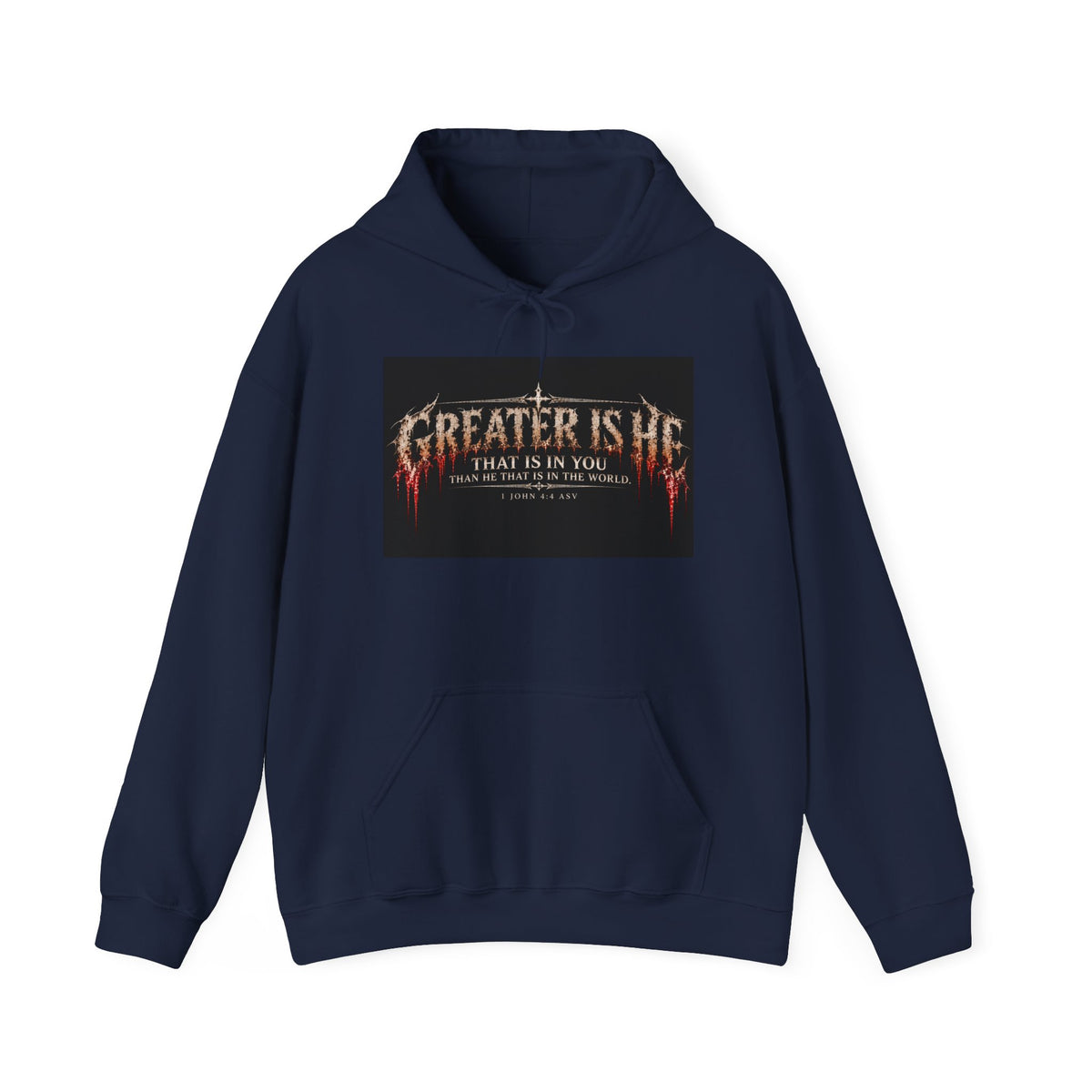 “Greater Is He” Holiday October Edition Christian Hoodie with Flame Cross Design