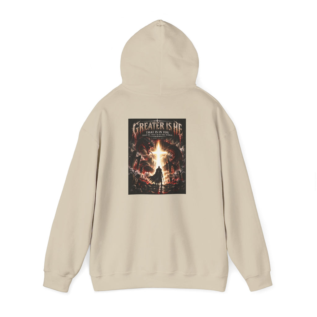 “Greater Is He” Holiday October Edition Christian Hoodie with Flame Cross Design