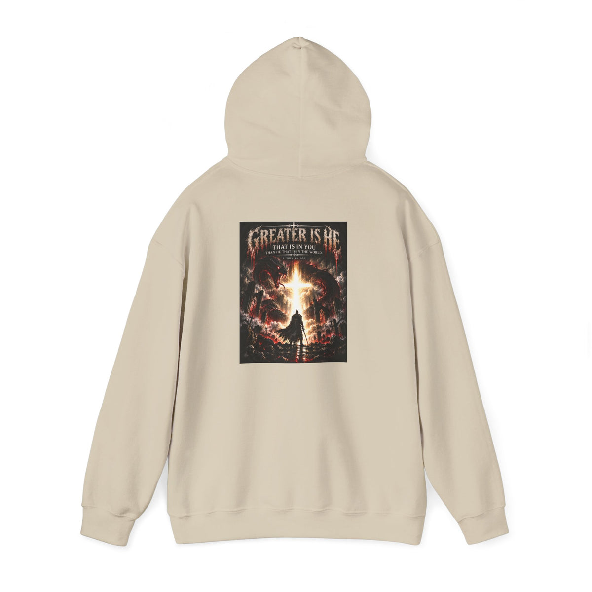 “Greater Is He” Holiday October Edition Christian Hoodie with Flame Cross Design
