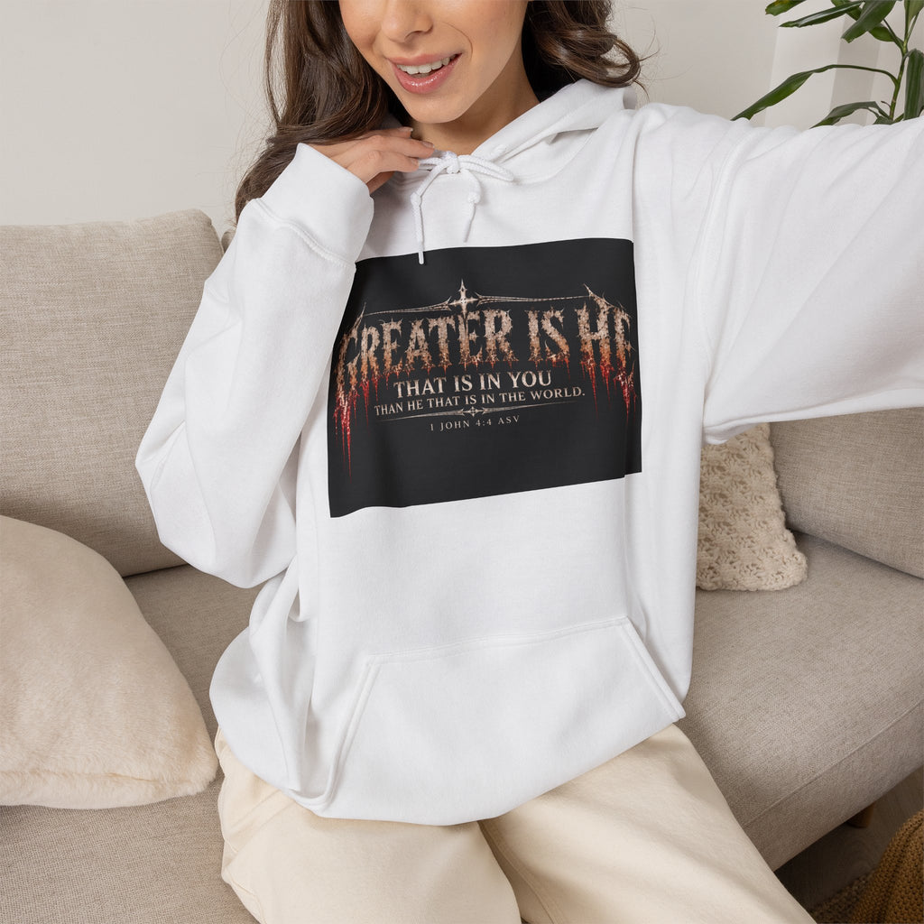 “Greater Is He” Holiday October Edition Christian Hoodie with Flame Cross Design