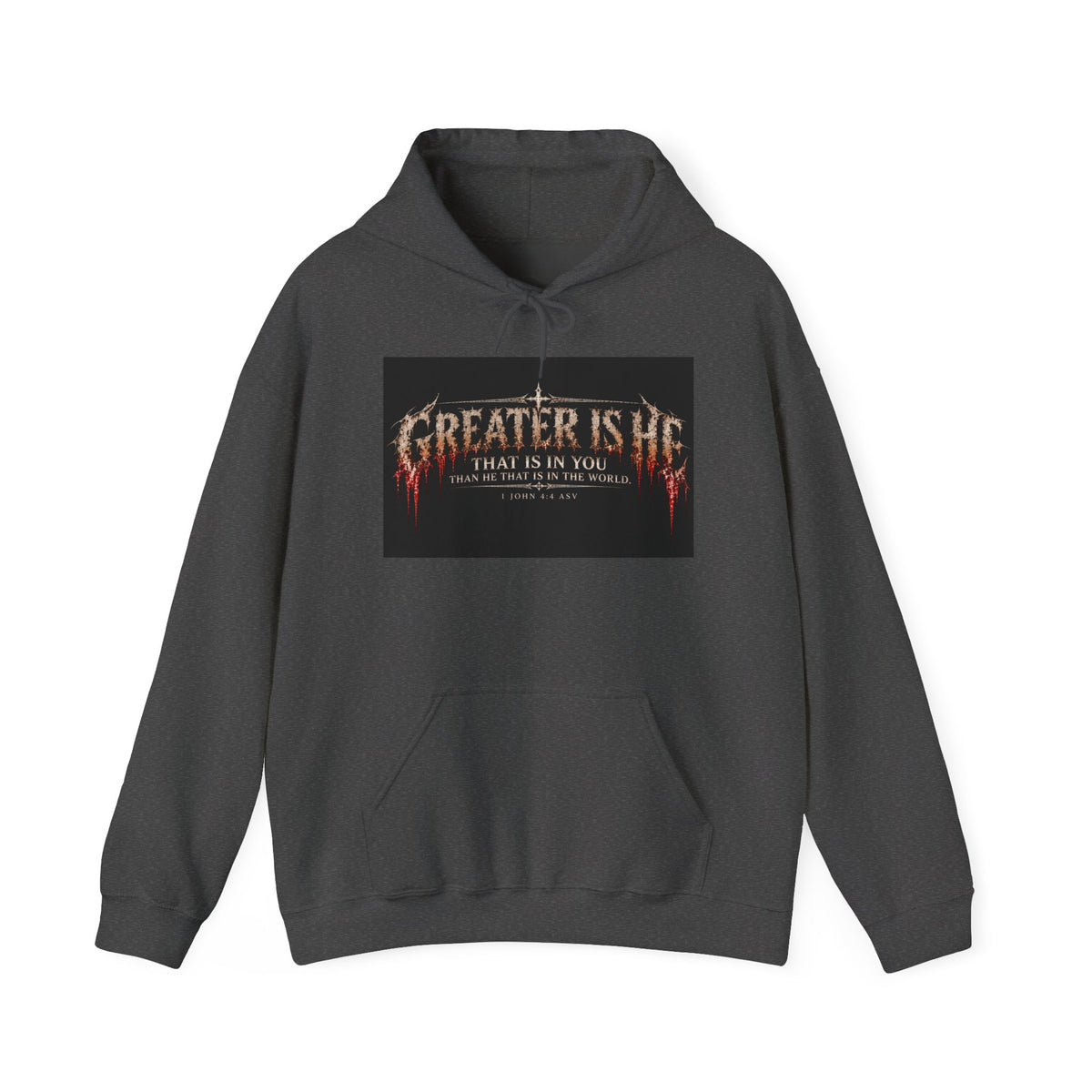 “Greater Is He” Holiday October Edition Christian Hoodie with Flame Cross Design