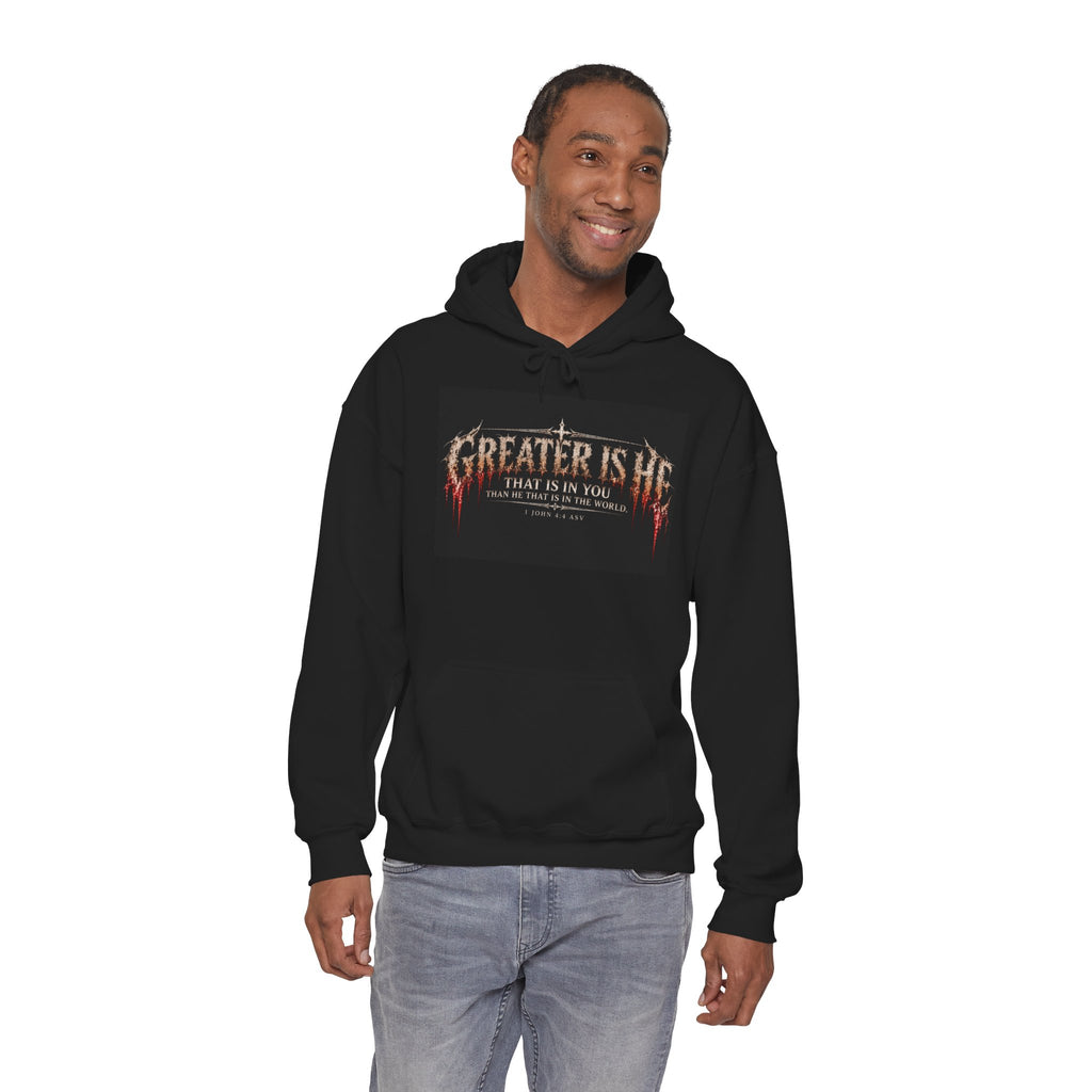 “Greater Is He” Holiday October Edition Christian Hoodie with Flame Cross Design