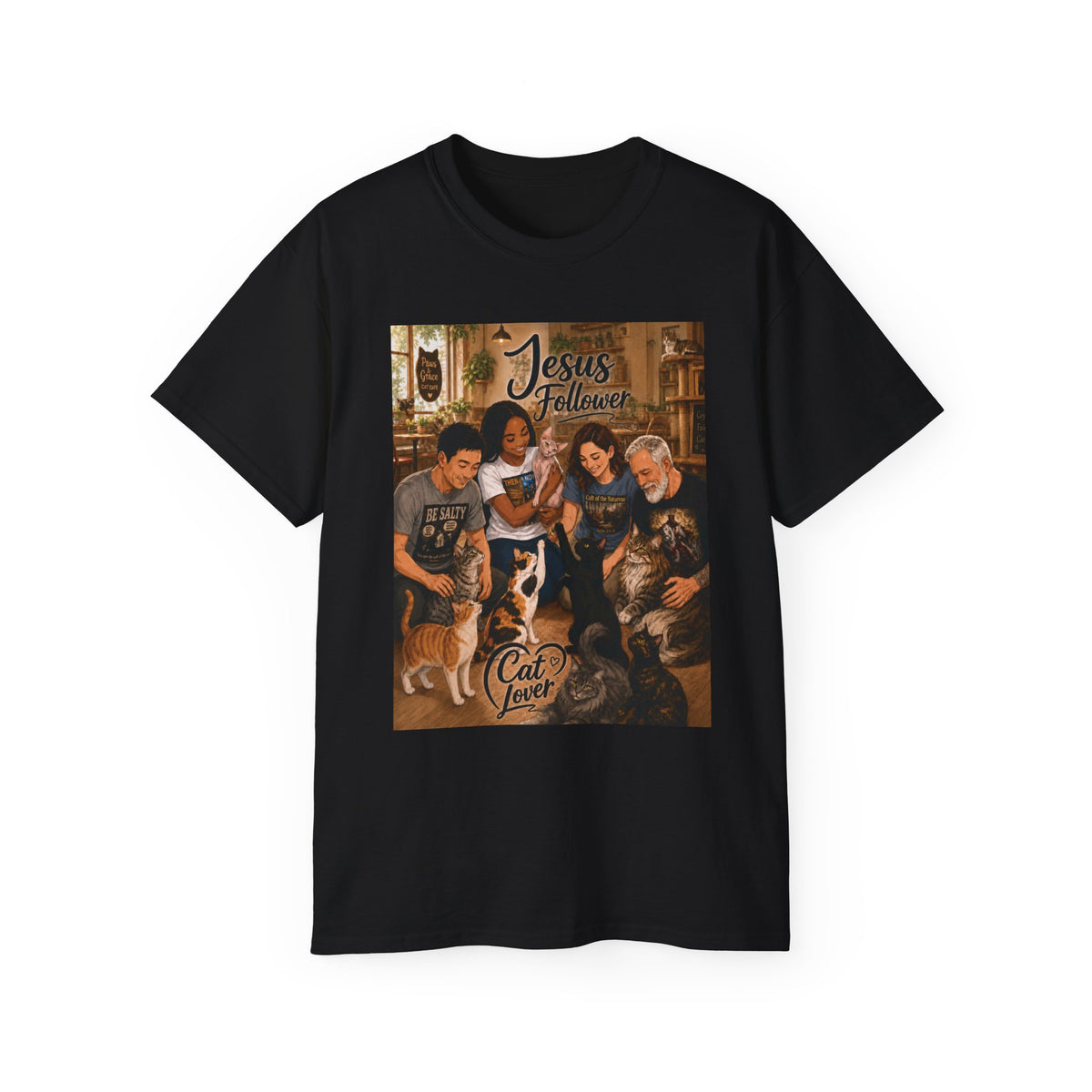 Jesus Follower Cat Lover T-Shirt — Proverbs 12:10 cat cafe Faith Tee