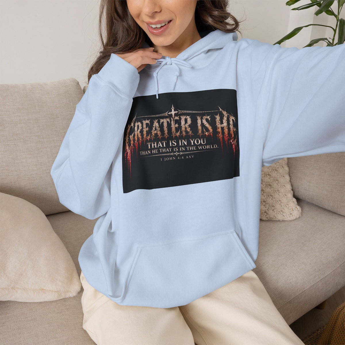 “Greater Is He” Holiday October Edition Christian Hoodie with Flame Cross Design