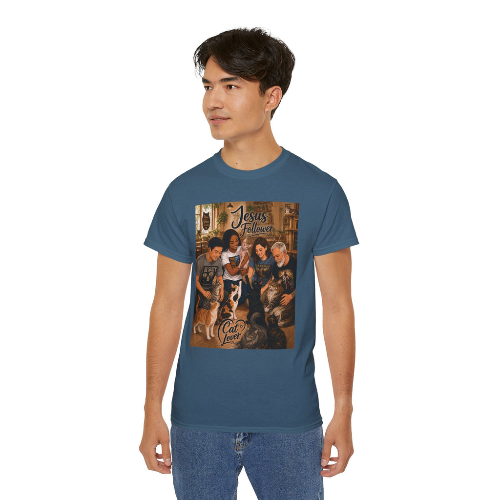 Jesus Follower Cat Lover T-Shirt — Proverbs 12:10 cat cafe Faith Tee