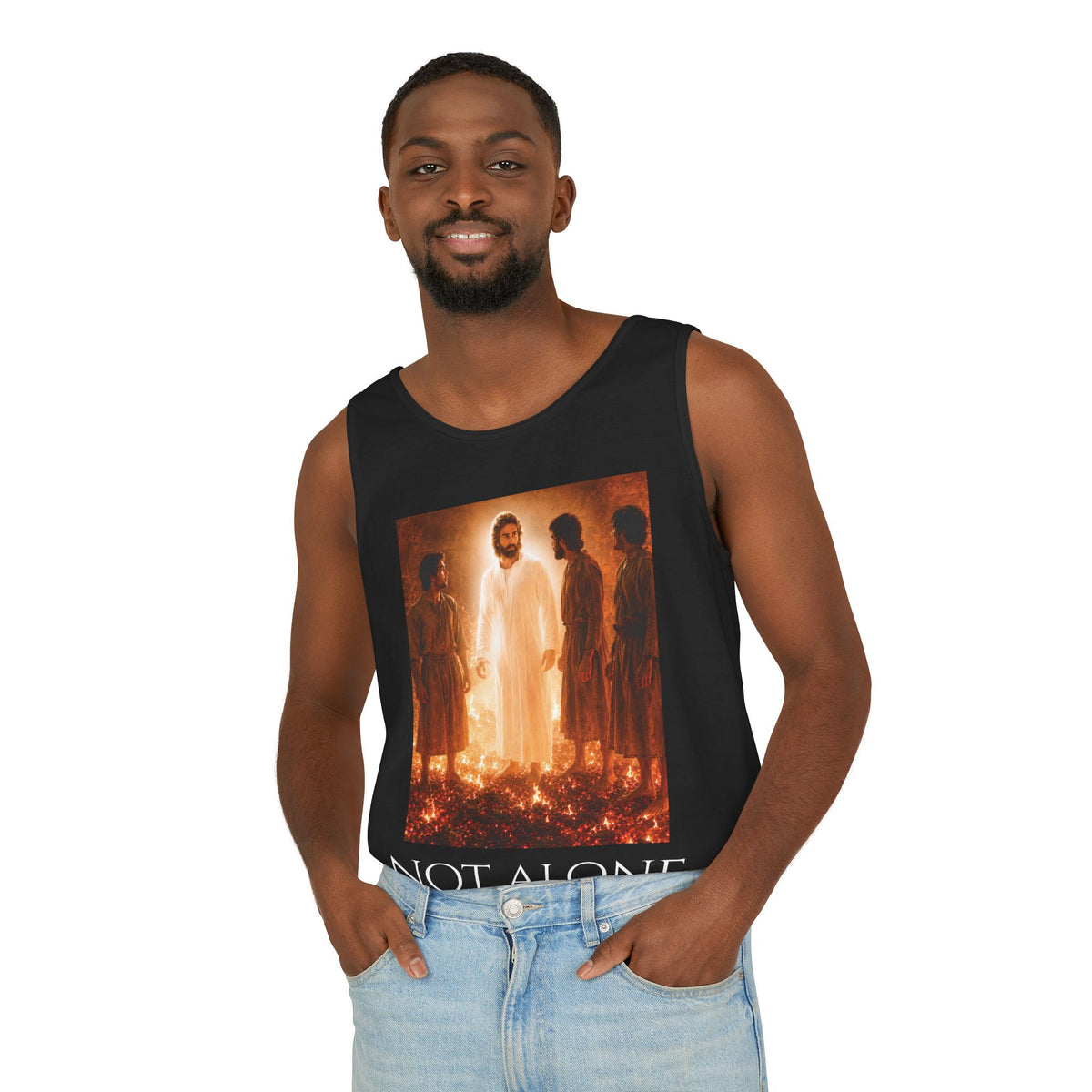 'Not Alone' Tank Top — Jesus with Four Men, Daniel 3:25 Scripture Tank