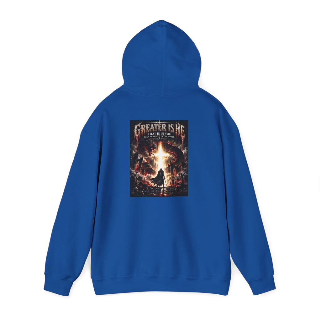 “Greater Is He” Holiday October Edition Christian Hoodie with Flame Cross Design