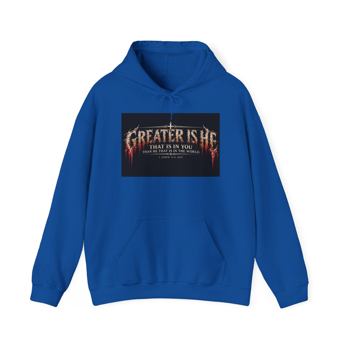 “Greater Is He” Holiday October Edition Christian Hoodie with Flame Cross Design