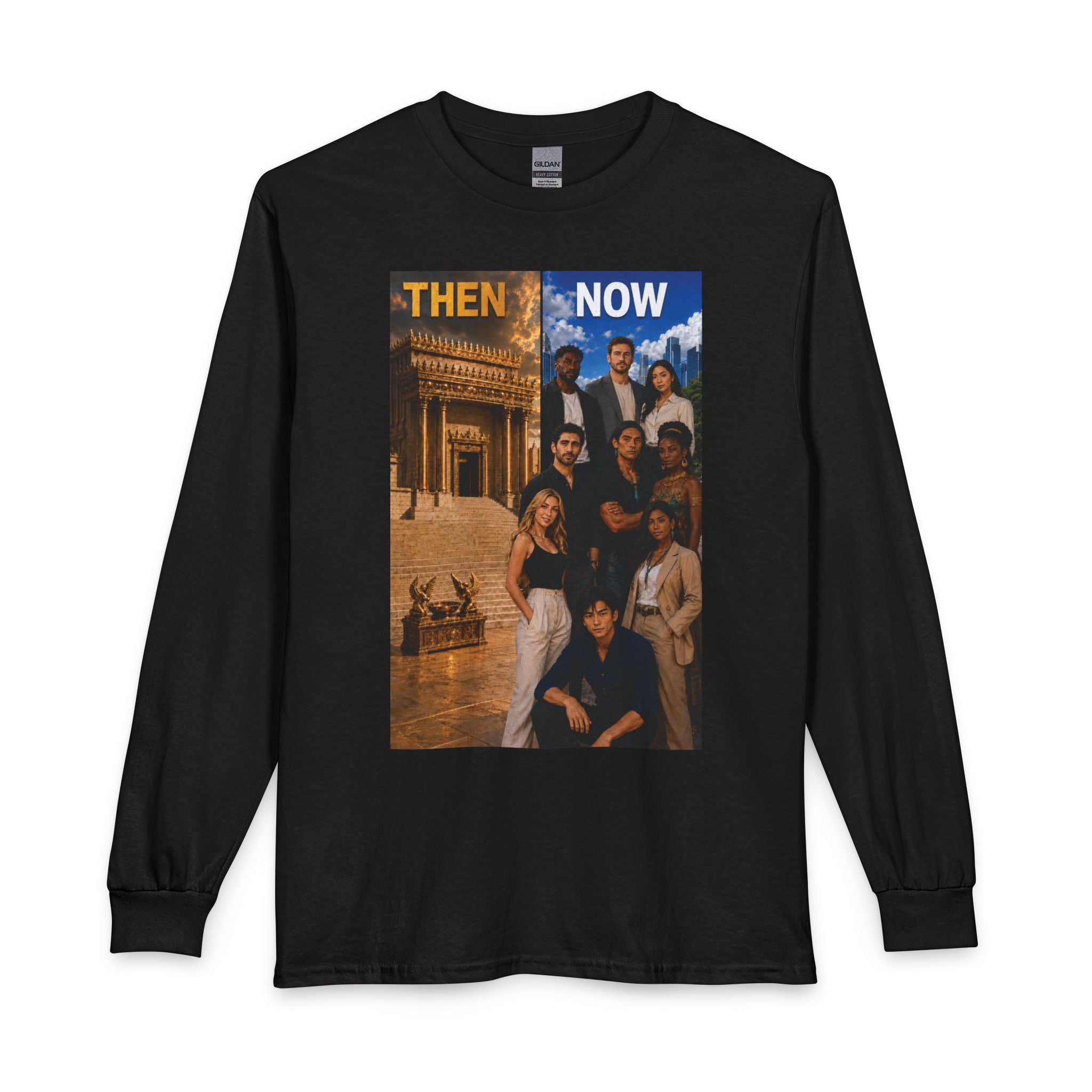 Then & Now non-animated Long Sleeve Tee — 2 Corinthians 6:16 Scripture Shirt