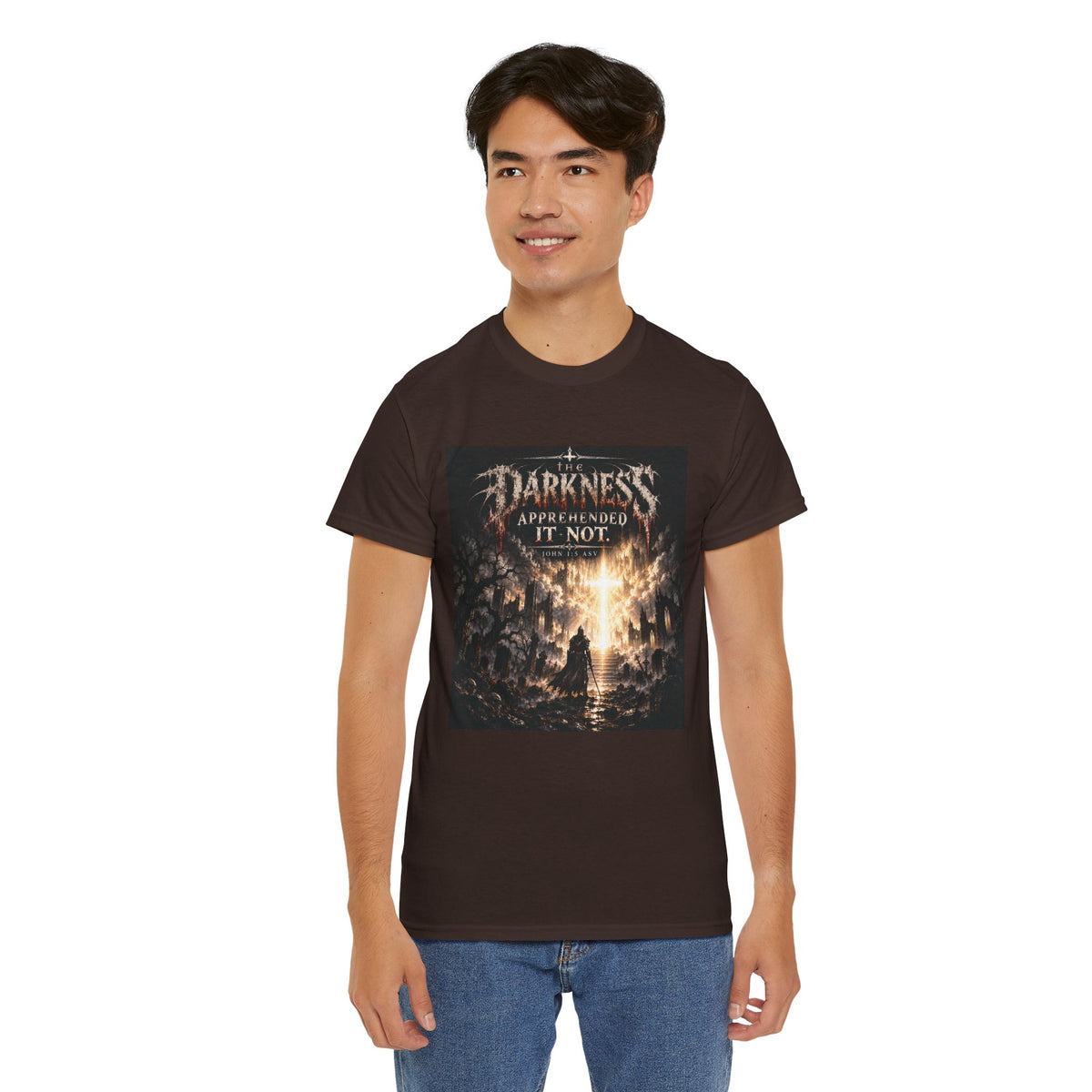 "Light Defeats Darkness" October Holliday Line edition T-Shirt — "Darkness Appeared He Need It Not" Graphic Tee (Ephesians 6:11)