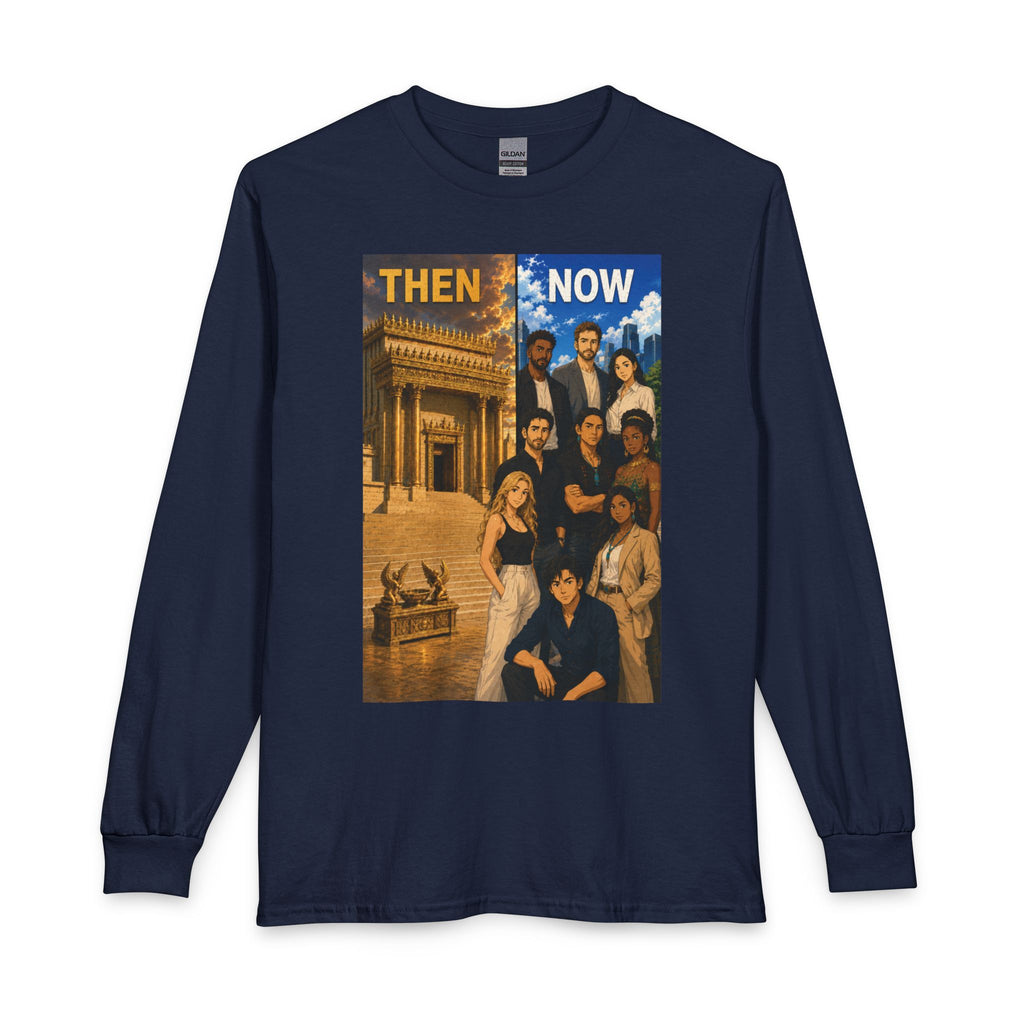 Animated Then & Now Long Sleeve Tee — 2 Corinthians 6:16 Scripture Shirt
