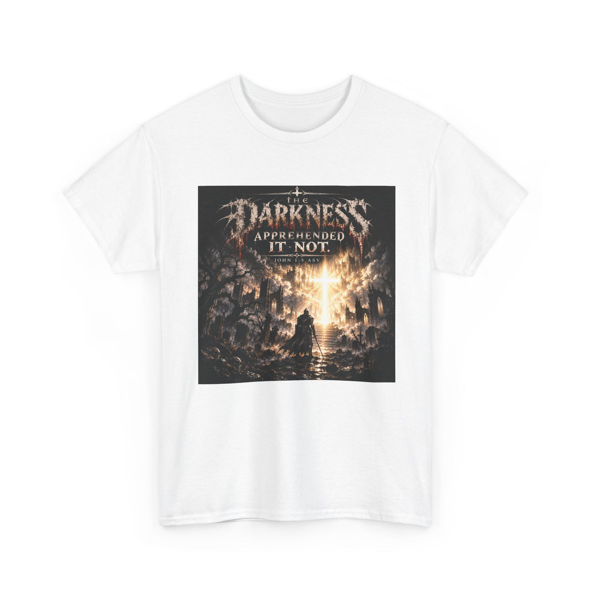 "Light Defeats Darkness" October Holliday Line edition T-Shirt — "Darkness Appeared He Need It Not" Graphic Tee (Ephesians 6:11)