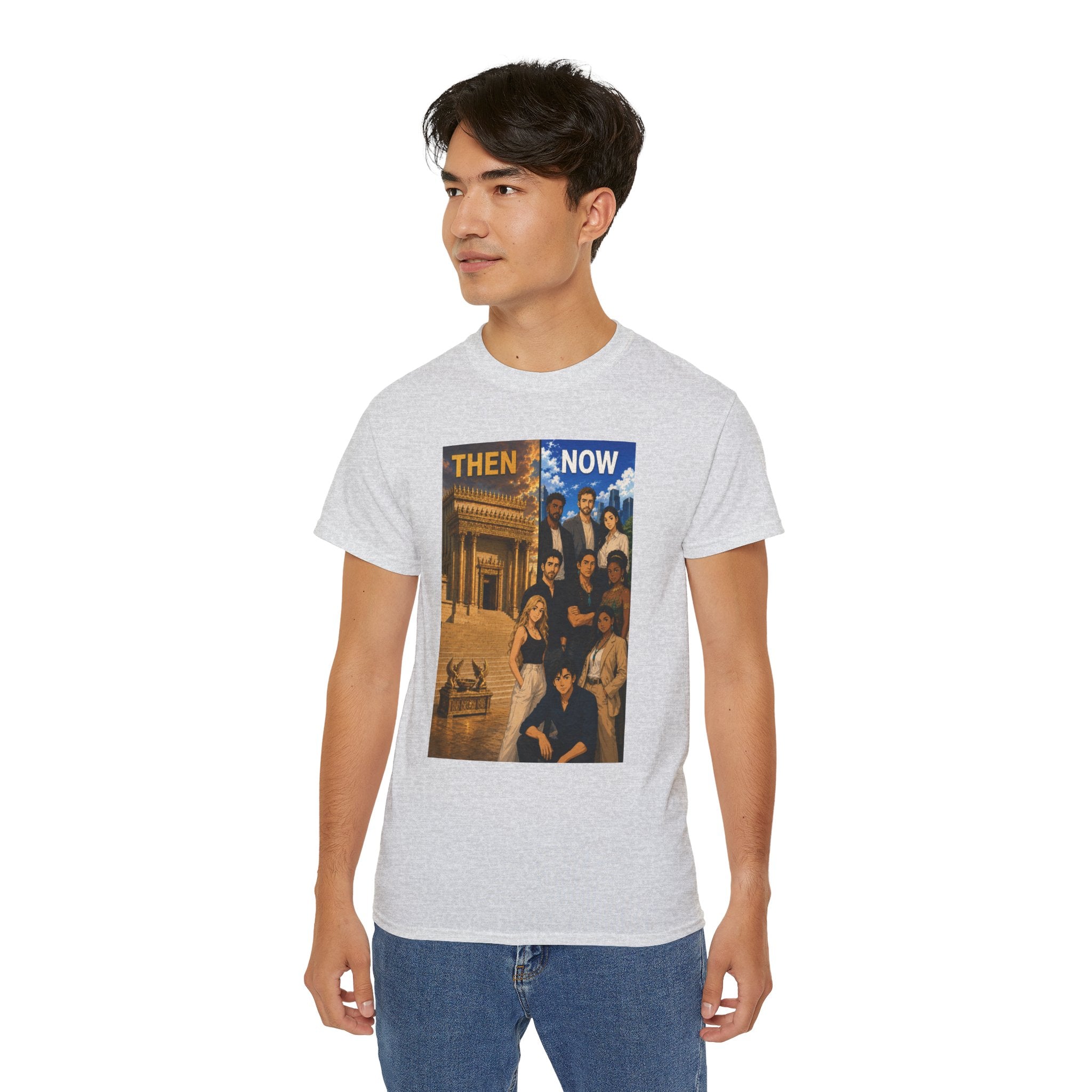 Then & Now non-animated Christian Graphic Tee — 2 Corinthians 6:16 Bible Verse Shirt