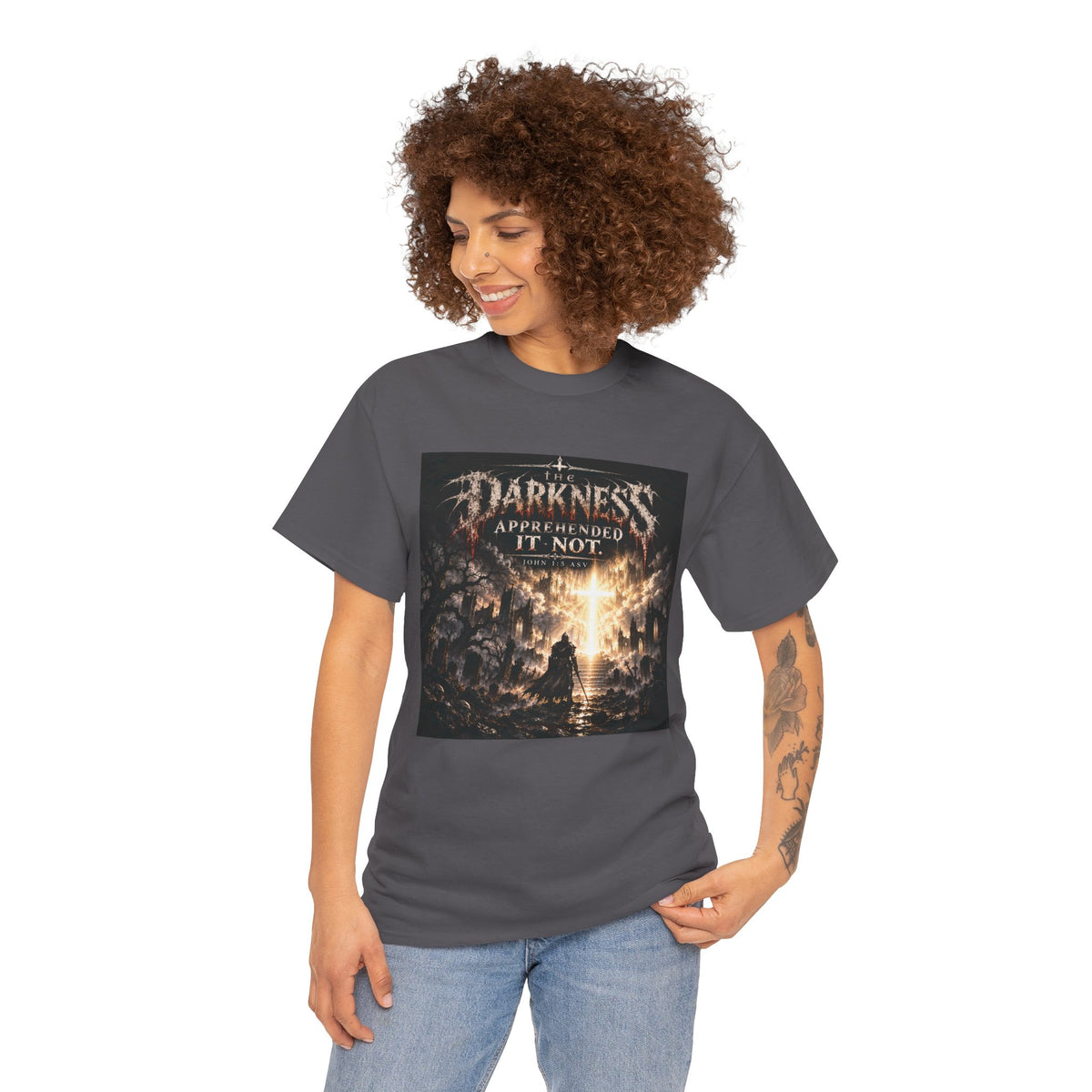 "Light Defeats Darkness" October Holliday Line edition T-Shirt — "Darkness Appeared He Need It Not" Graphic Tee (Ephesians 6:11)