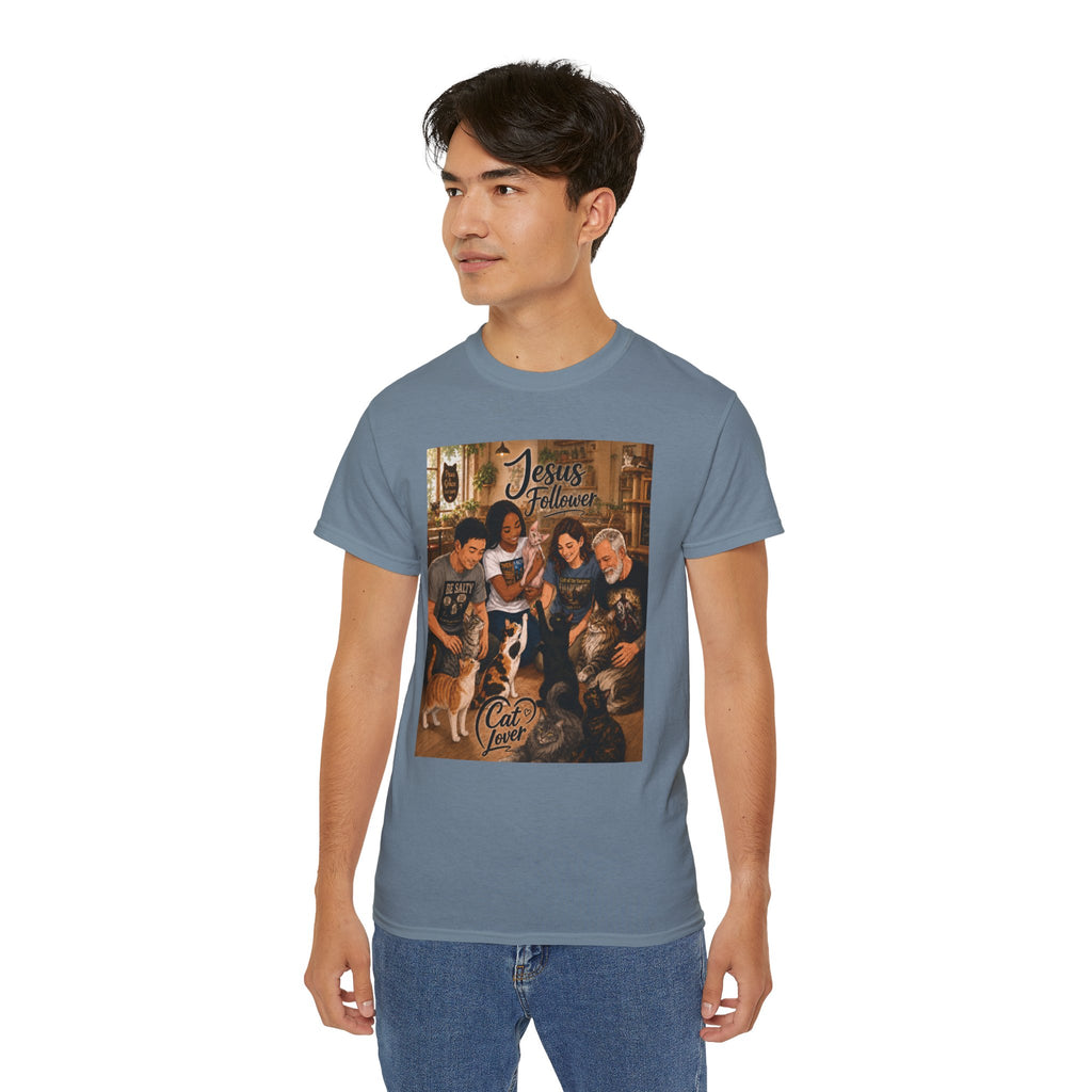 Jesus Follower Cat Lover T-Shirt — Proverbs 12:10 cat cafe Faith Tee