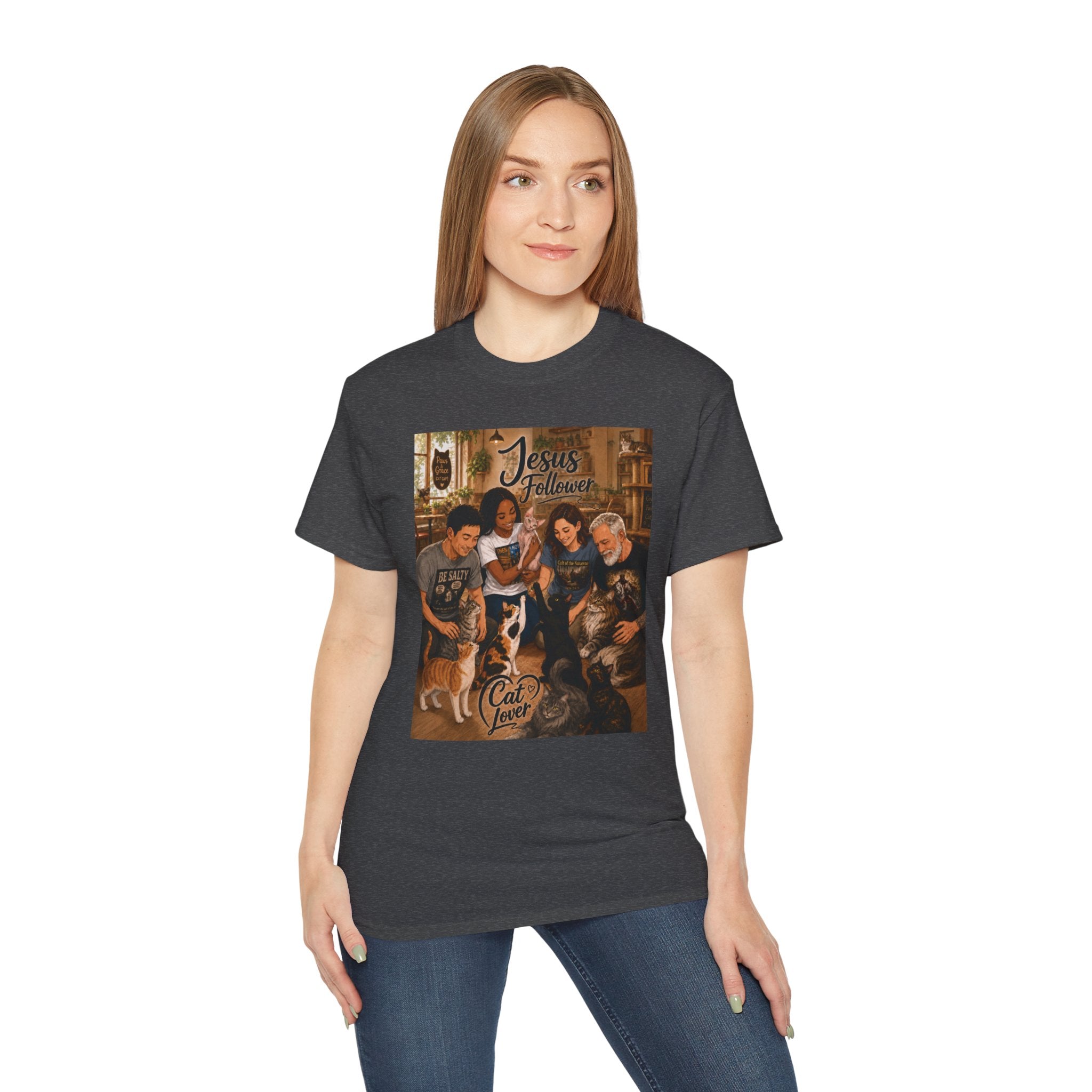 Jesus Follower Cat Lover T-Shirt — Proverbs 12:10 cat cafe Faith Tee