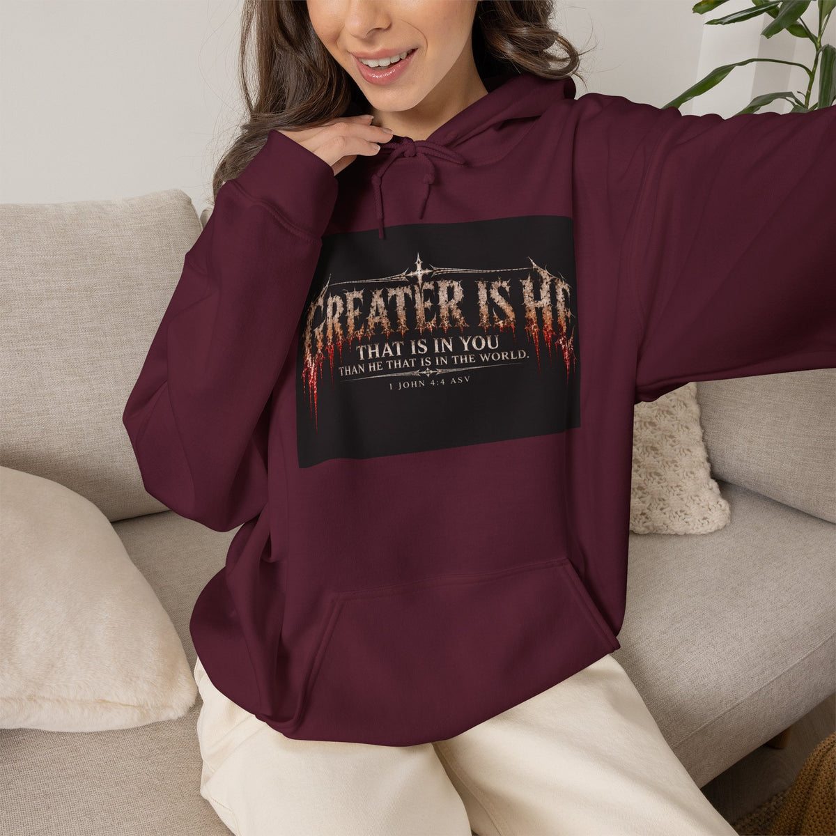 “Greater Is He” Holiday October Edition Christian Hoodie with Flame Cross Design