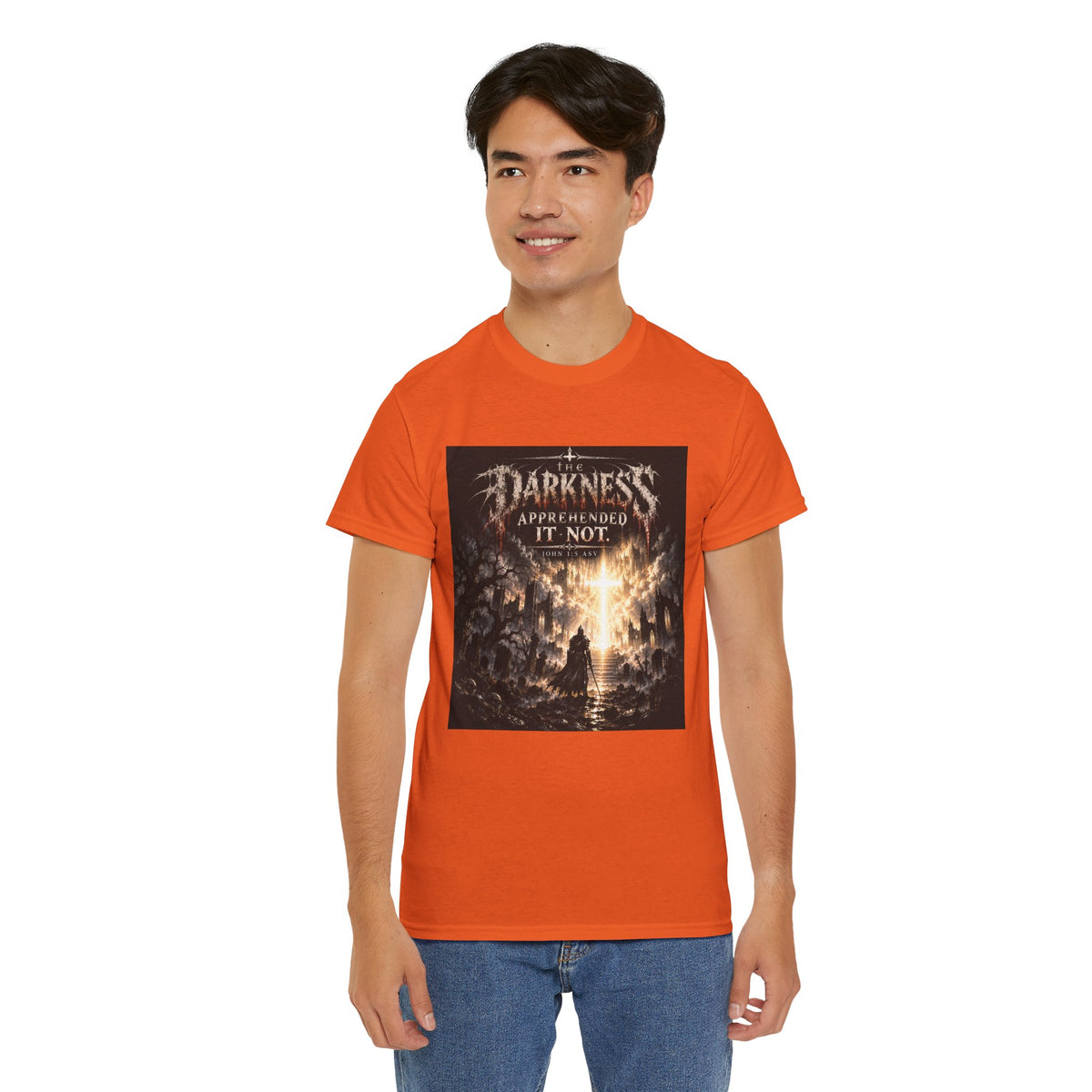 "Light Defeats Darkness" October Holliday Line edition T-Shirt — "Darkness Appeared He Need It Not" Graphic Tee (Ephesians 6:11)
