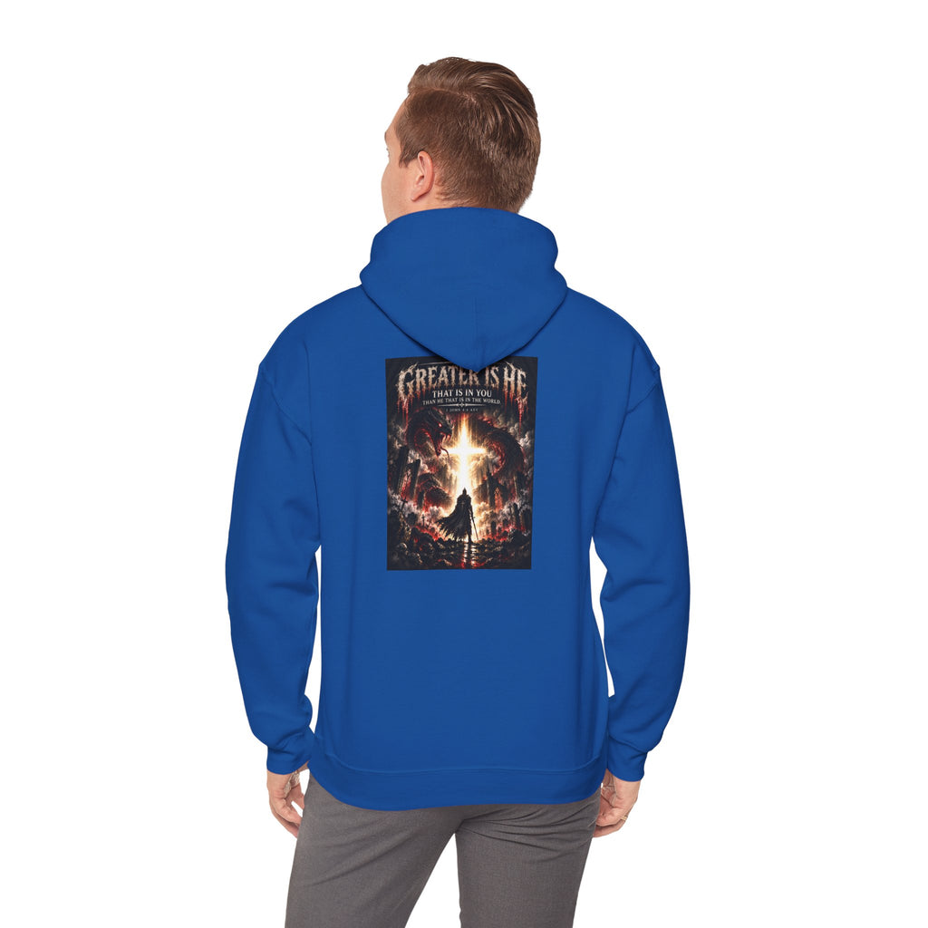“Greater Is He” Holiday October Edition Christian Hoodie with Flame Cross Design