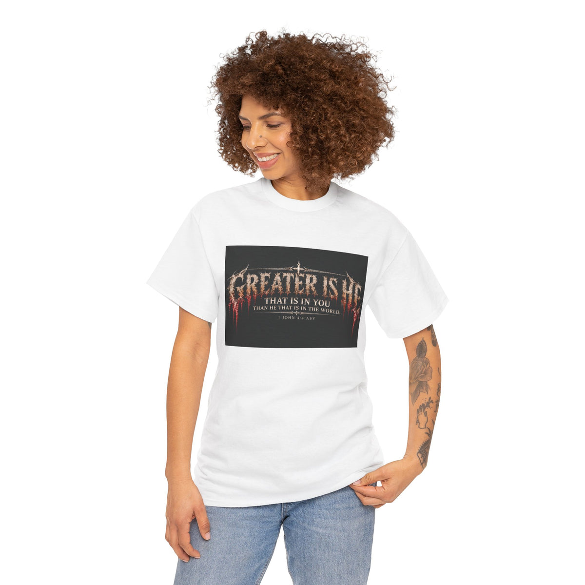 "Greater Is He" October Holliday line Edition Cross Faith Christian Graphic Tee - T-Shirt