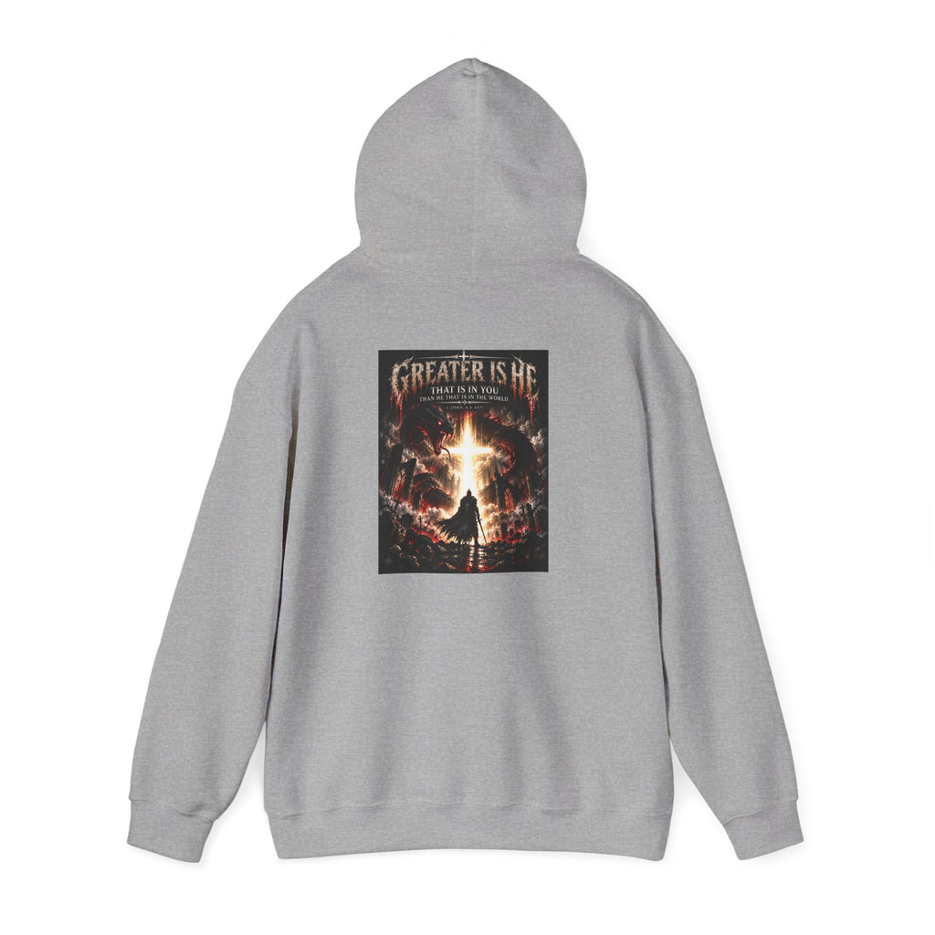 “Greater Is He” Holiday October Edition Christian Hoodie with Flame Cross Design
