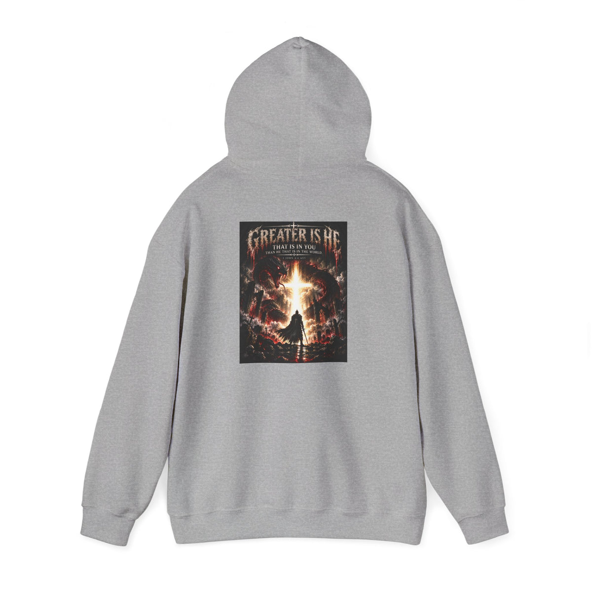 “Greater Is He” Holiday October Edition Christian Hoodie with Flame Cross Design