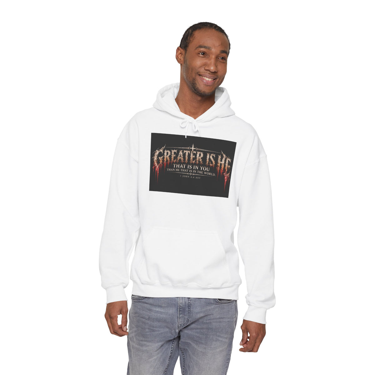 “Greater Is He” Holiday October Edition Christian Hoodie with Flame Cross Design