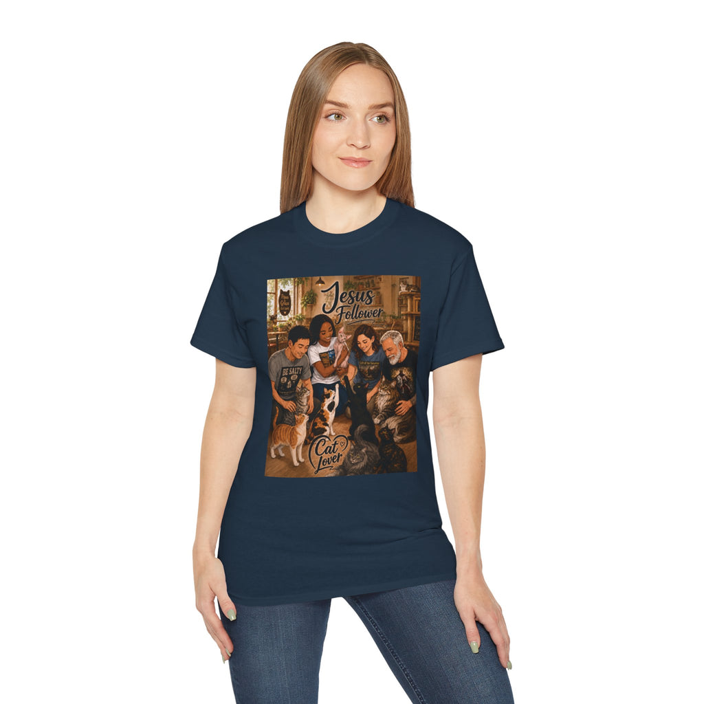 Jesus Follower Cat Lover T-Shirt — Proverbs 12:10 cat cafe Faith Tee