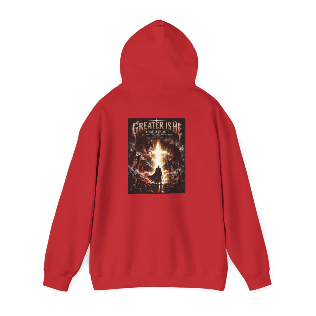 “Greater Is He” Holiday October Edition Christian Hoodie with Flame Cross Design