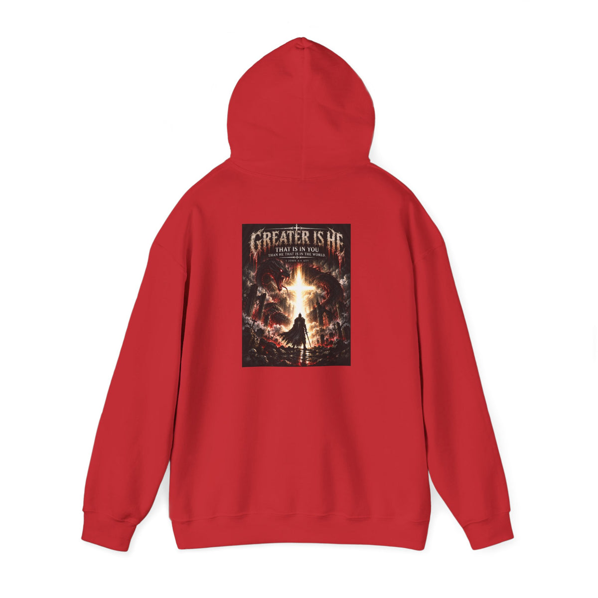 “Greater Is He” Holiday October Edition Christian Hoodie with Flame Cross Design