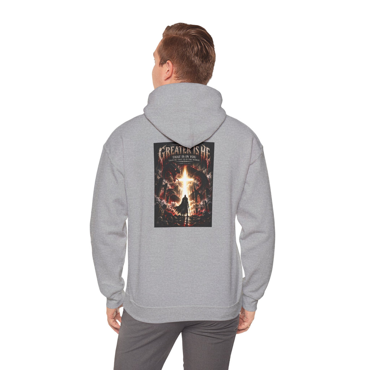 “Greater Is He” Holiday October Edition Christian Hoodie with Flame Cross Design