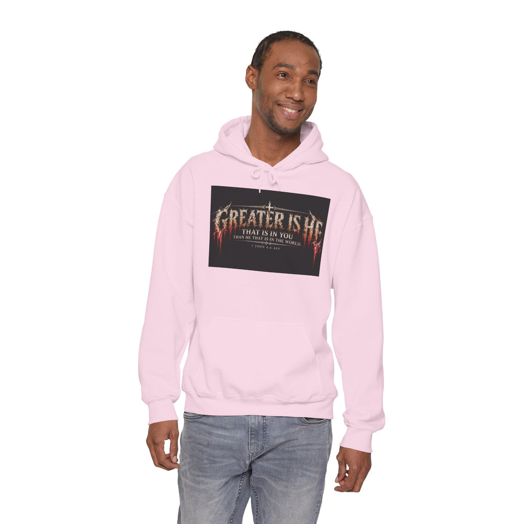 “Greater Is He” Holiday October Edition Christian Hoodie with Flame Cross Design
