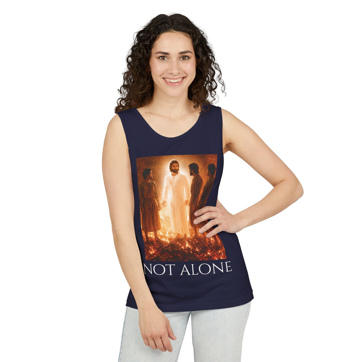 'Not Alone' Tank Top — Jesus with Four Men, Daniel 3:25 Scripture Tank
