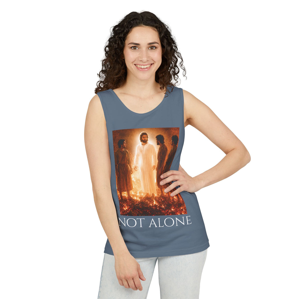 'Not Alone' Tank Top — Jesus with Four Men, Daniel 3:25 Scripture Tank