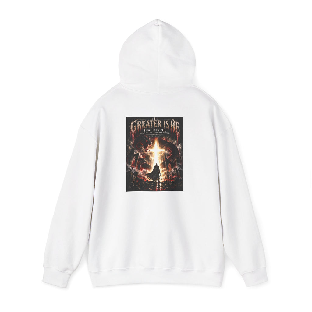 “Greater Is He” Holiday October Edition Christian Hoodie with Flame Cross Design