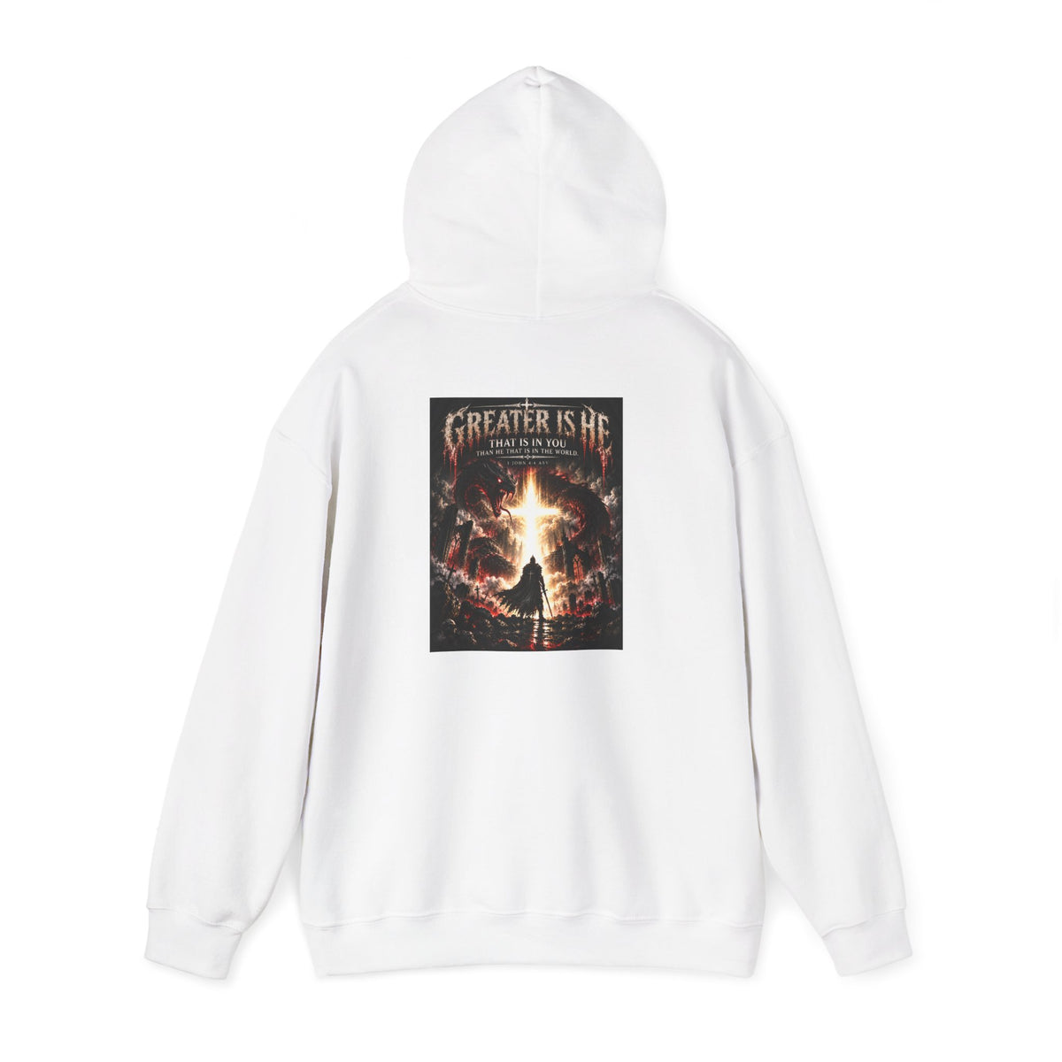 “Greater Is He” Holiday October Edition Christian Hoodie with Flame Cross Design
