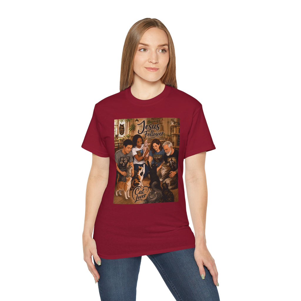 Jesus Follower Cat Lover T-Shirt — Proverbs 12:10 cat cafe Faith Tee