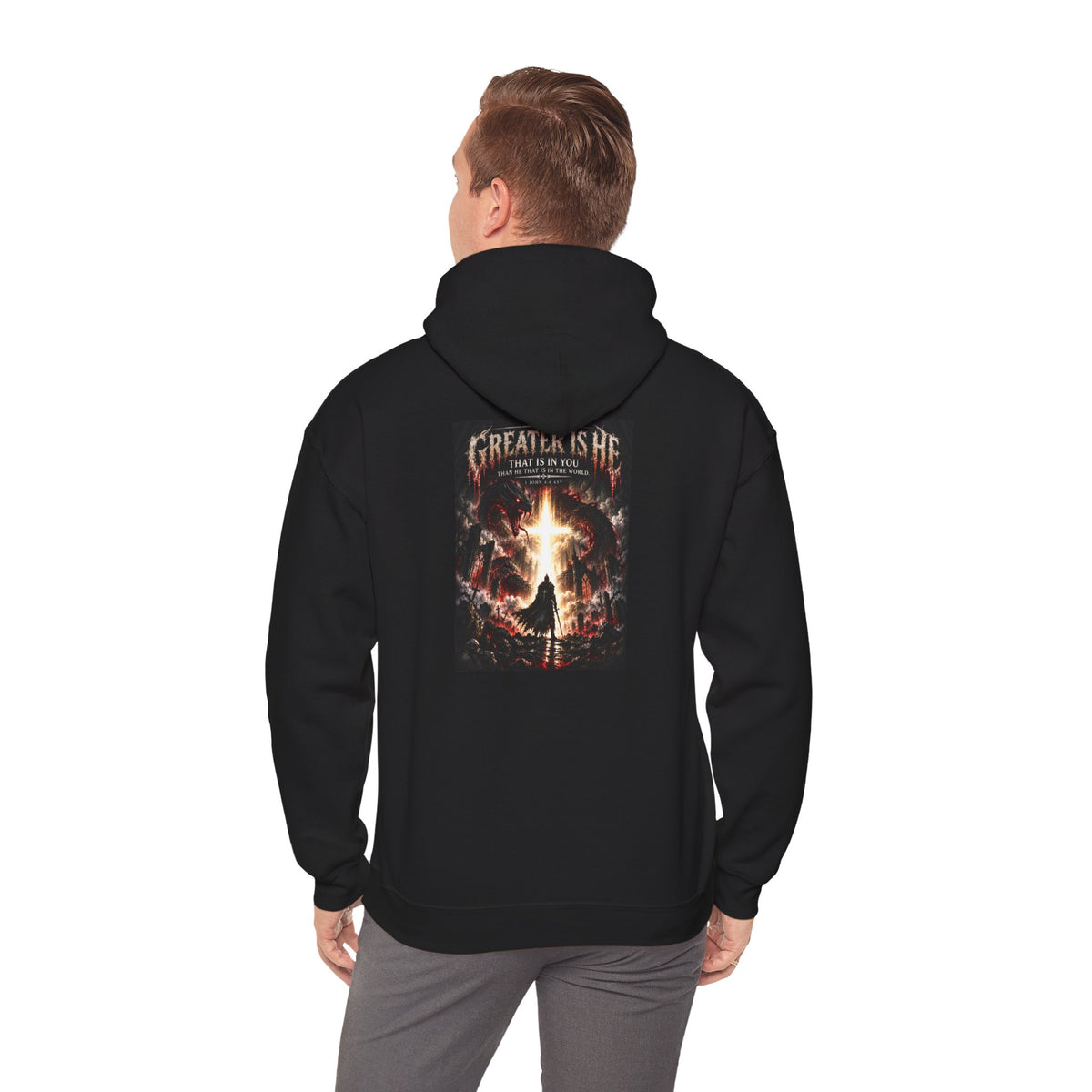 “Greater Is He” Holiday October Edition Christian Hoodie with Flame Cross Design