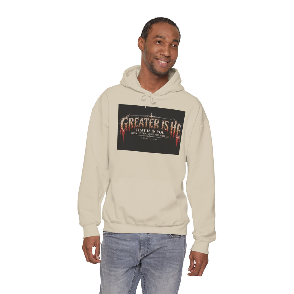 “Greater Is He” Holiday October Edition Christian Hoodie with Flame Cross Design