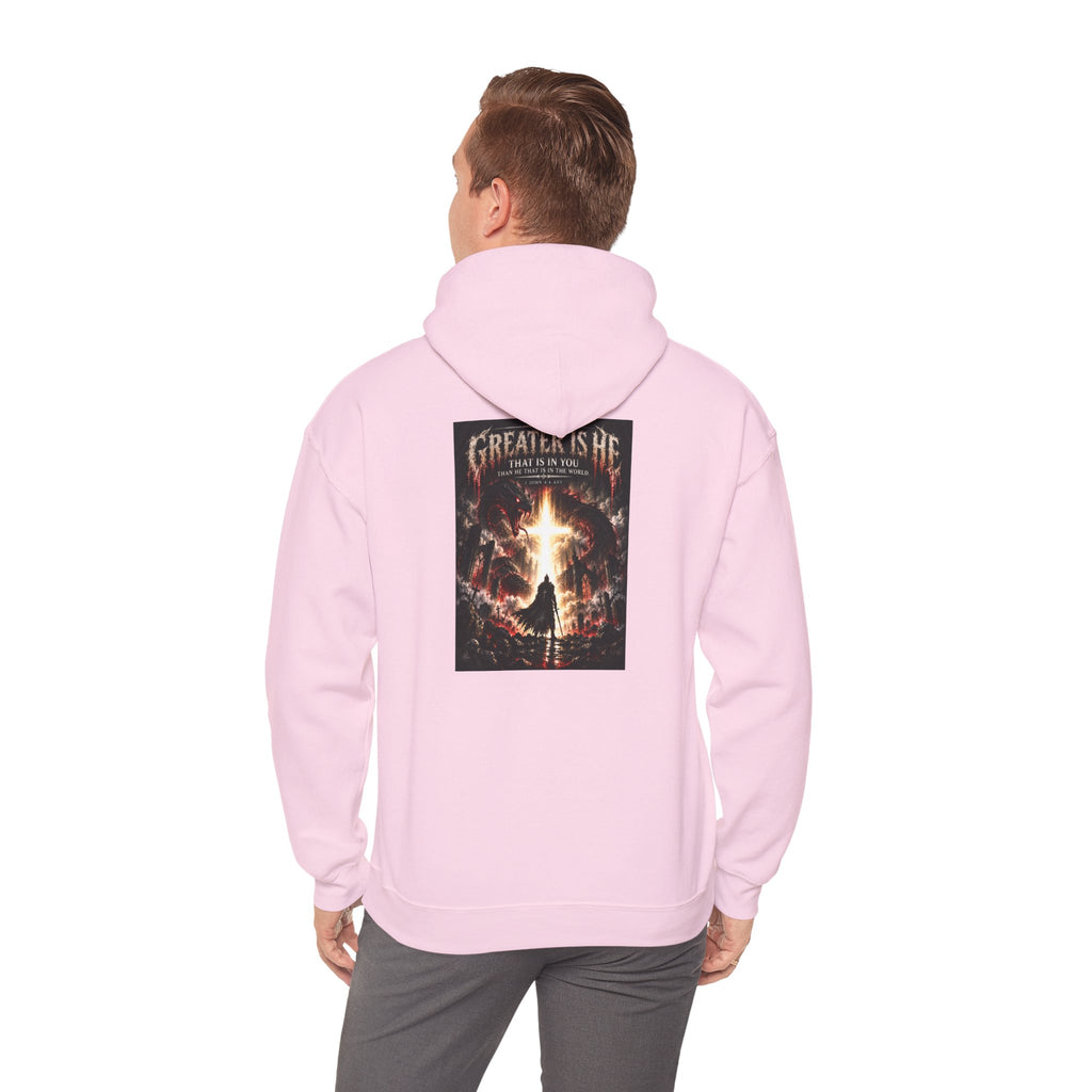 “Greater Is He” Holiday October Edition Christian Hoodie with Flame Cross Design