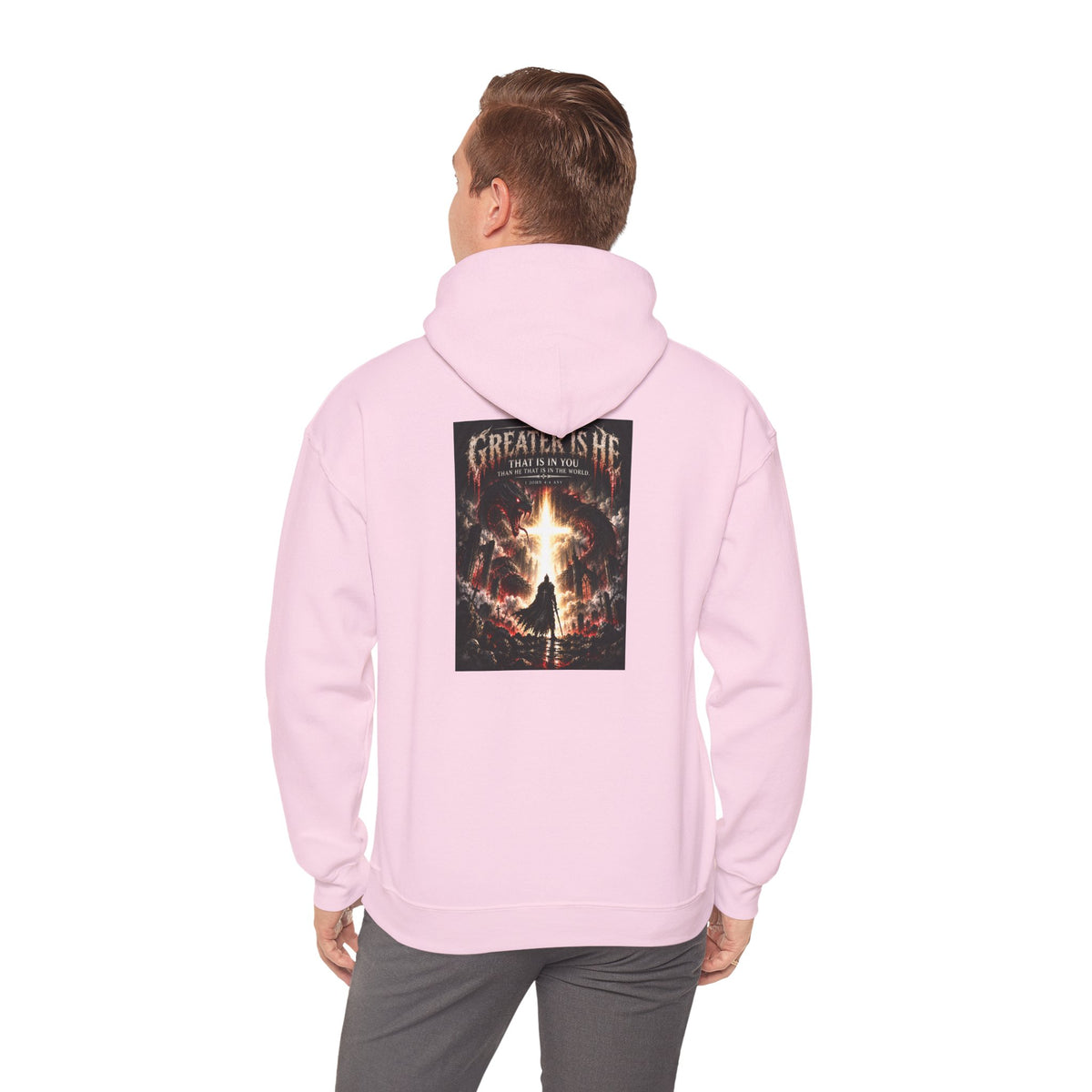 “Greater Is He” Holiday October Edition Christian Hoodie with Flame Cross Design