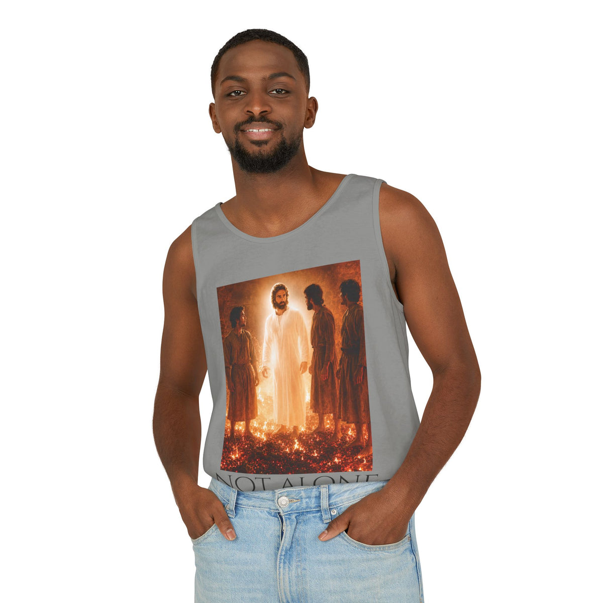 'Not Alone' Tank Top — Jesus with Four Men, Daniel 3:25 Scripture Tank