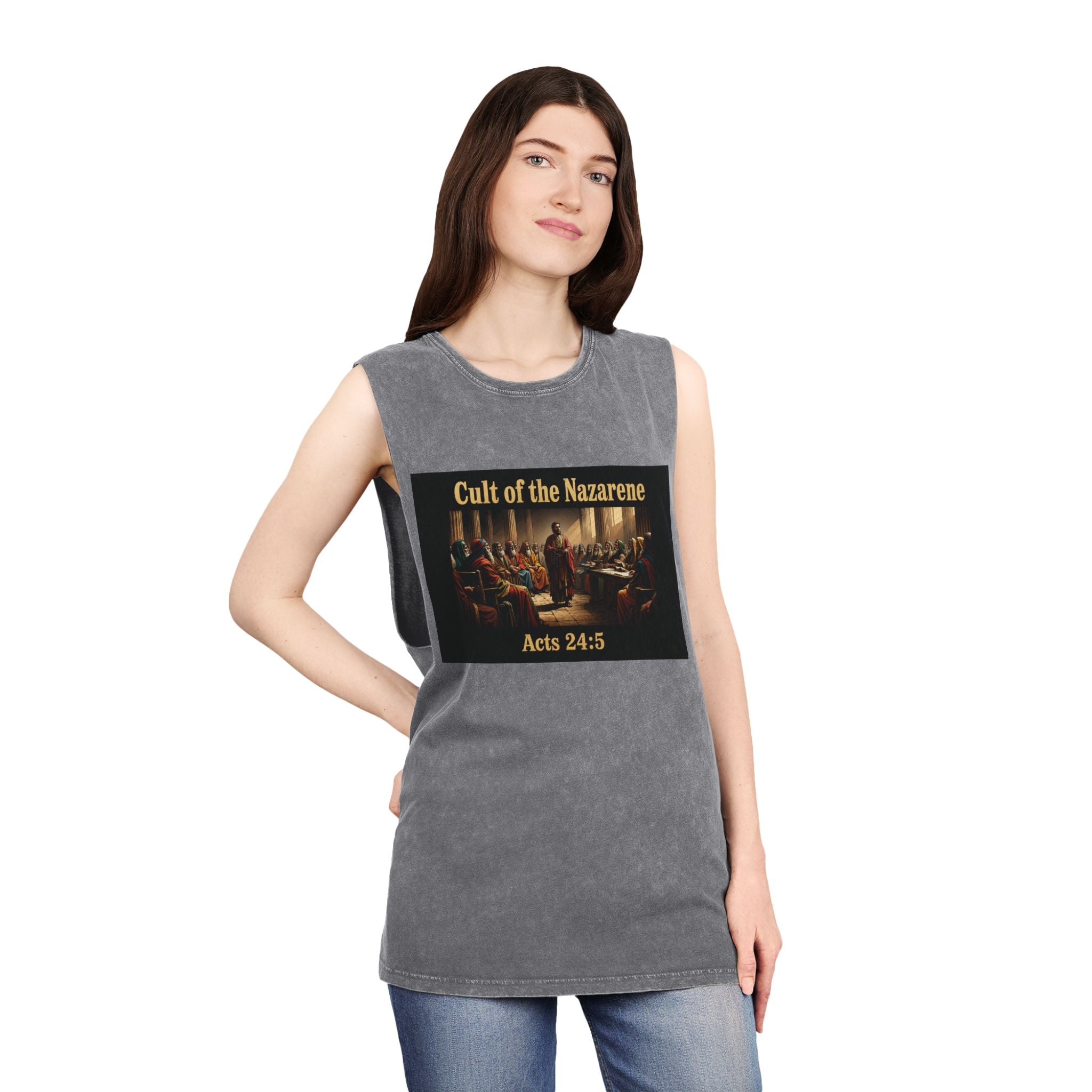 Cult of the Nazarene Tank Top – Vintage Stonewash Christian Scripture (Acts 24:5 / Matthew 5:11)